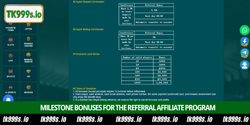 Maximize income via the Referral Affiliate Program at TK999 3 Milestone bonuses for the Referral Affiliate Program